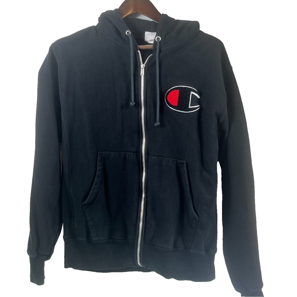 Champion Men's M Reverse Weave Black Zip Hoodie Raised Logo Heavyweight USA